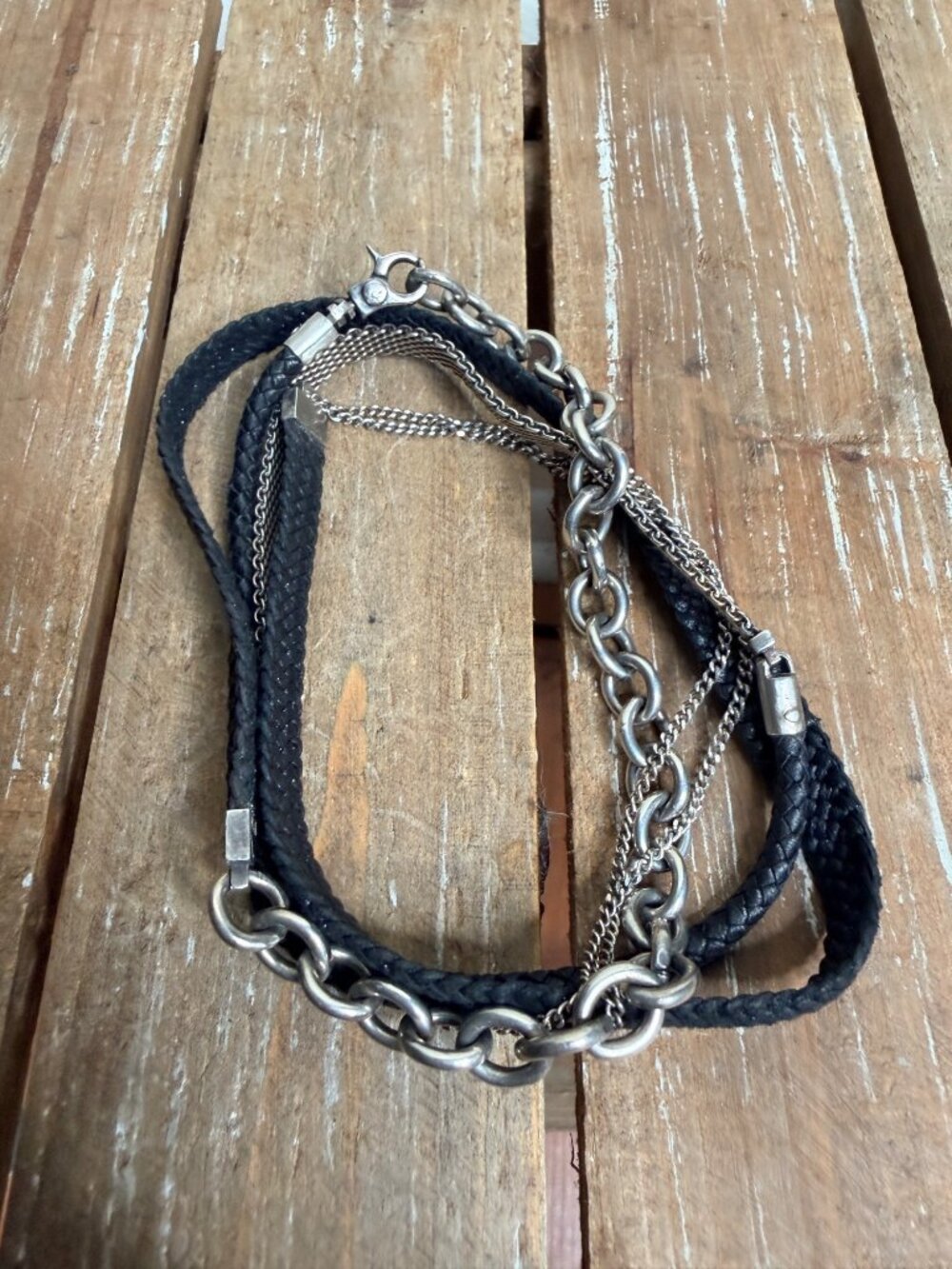 Title of Work Black Leather & Sterling Silver Triple-Wrap Bracelet